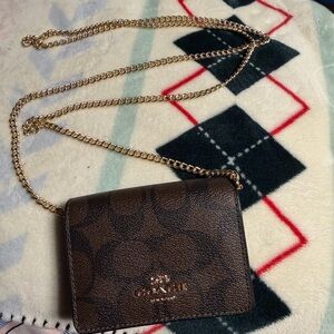 Coach Brown Monogram Crossbody with Gold Chain Strap